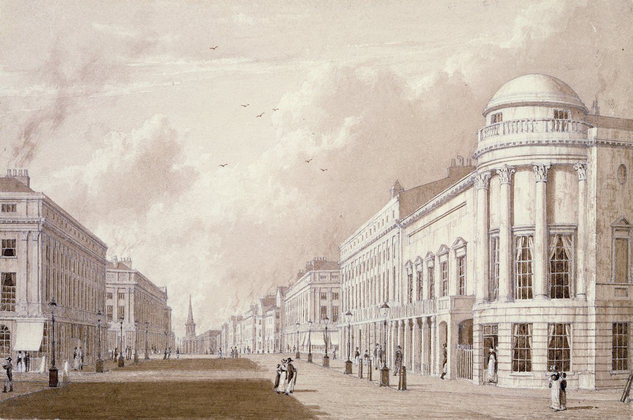 Näkymä Regent Streetille, 1825 (mustekynäpesu paperille) tekijältä English School
