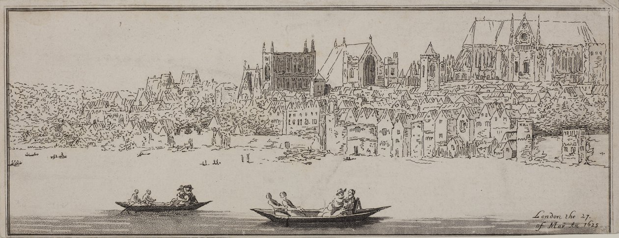 Näkymä Westminster Abbeylle ja Westminsterin palatsille Thames-joelta veneillä etualalla, n. 1750 (etsaus ja akvatinta) tekijältä English School