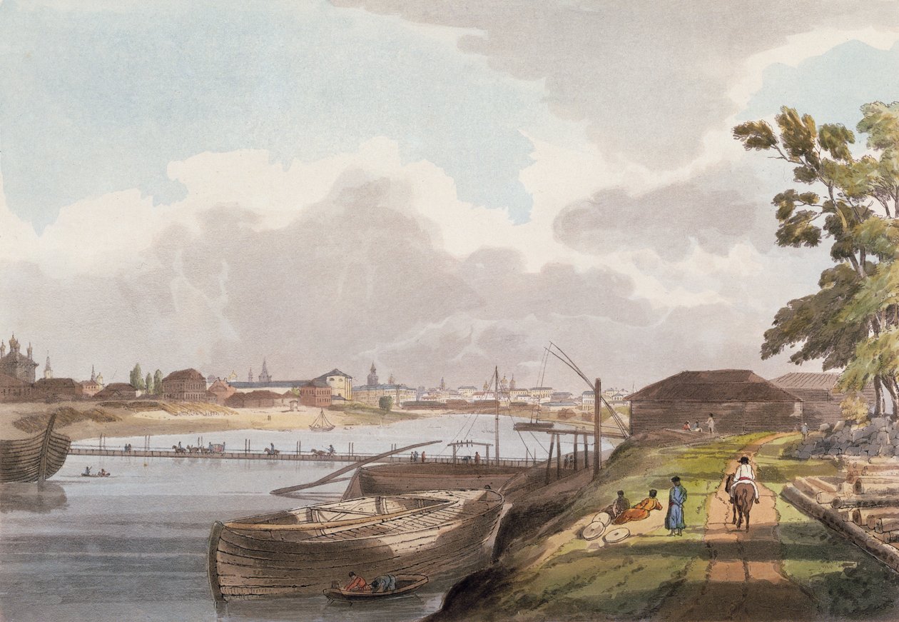 Näkymä Moskovan kaupunkiin Mosquan rannoilta ja lähellä Spas na Novoin luostaria, levy 2 Historical Sketch of Moscow -pubista. kirjoittanut Rudolph Ackermann (1764-1834) 1813 (akvatinta) tekijältä English School