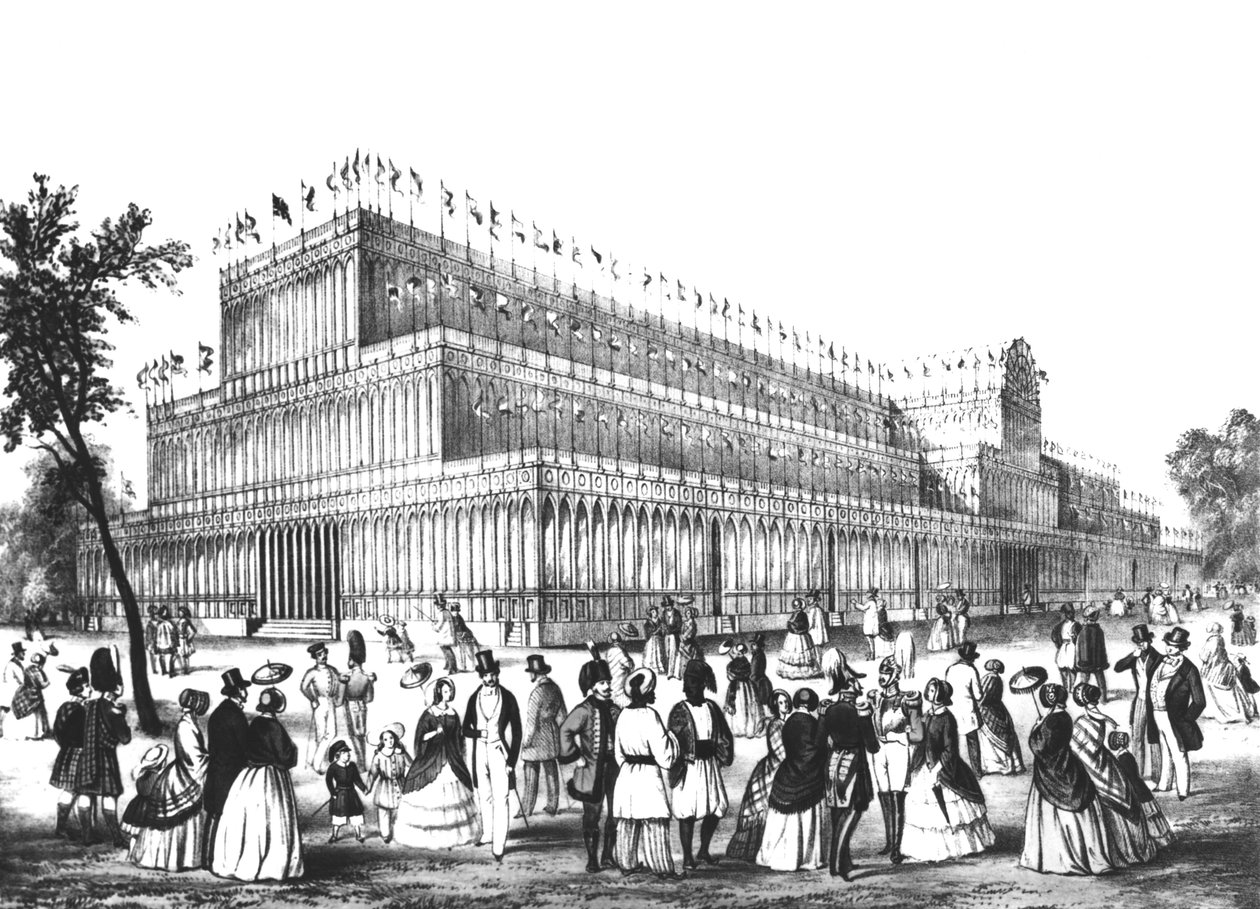 Näkymä vuoden 1851 suurta näyttelyä varten rakennetun Crystal Palacen ulkopuolelta tekijältä English School