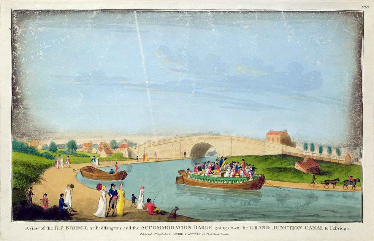 Näkymä First Bridgelle, Paddingtoniin ja majoitusproomulle, joka menee alas Grand Junctionin kanavaa pitkin Uxbridgeen, 1801 tekijältä English School