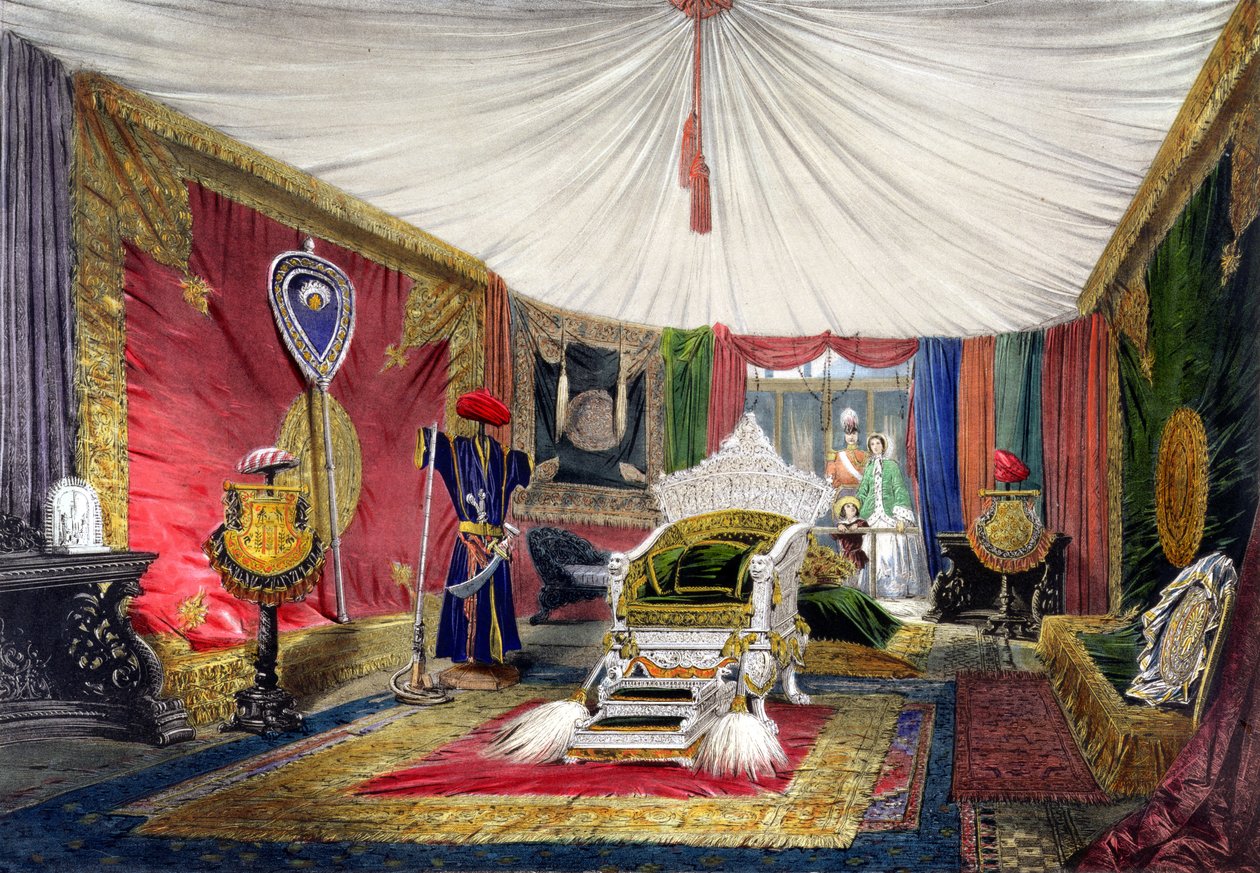 Näkymä telttahuoneesta ja norsunluun kaiverretusta valtaistuimesta vuoden 1851 suuren näyttelyn Intia-osiossa, Dickinsons Comprehensive Picturesista (värillinen litho) tekijältä English School