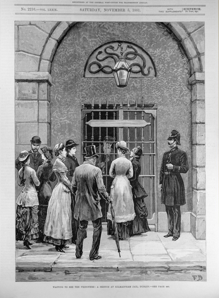 Odottaa nähdä vankeja; Sketch Kilmainhamin vankilassa Dublinissa, "The Illustrated London News", 11. toukokuuta 1881 tekijältä English School