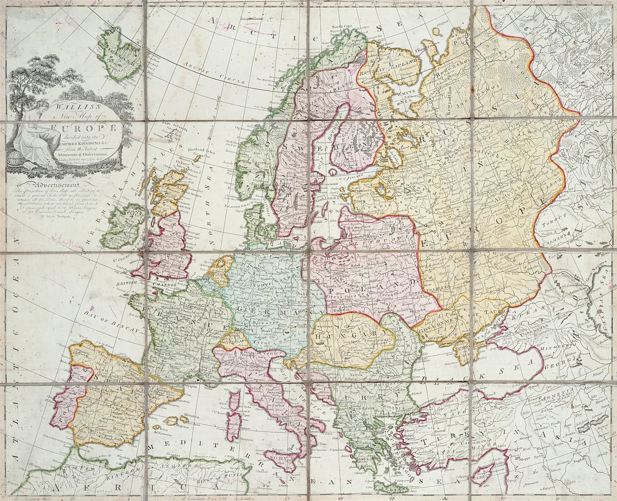 Wallisin uusi Euroopan kartta, joka on jaettu sen Imperiumin kuningaskunnat ja dc, 1789 (käsinvärinen kaiverrus) tekijältä English School