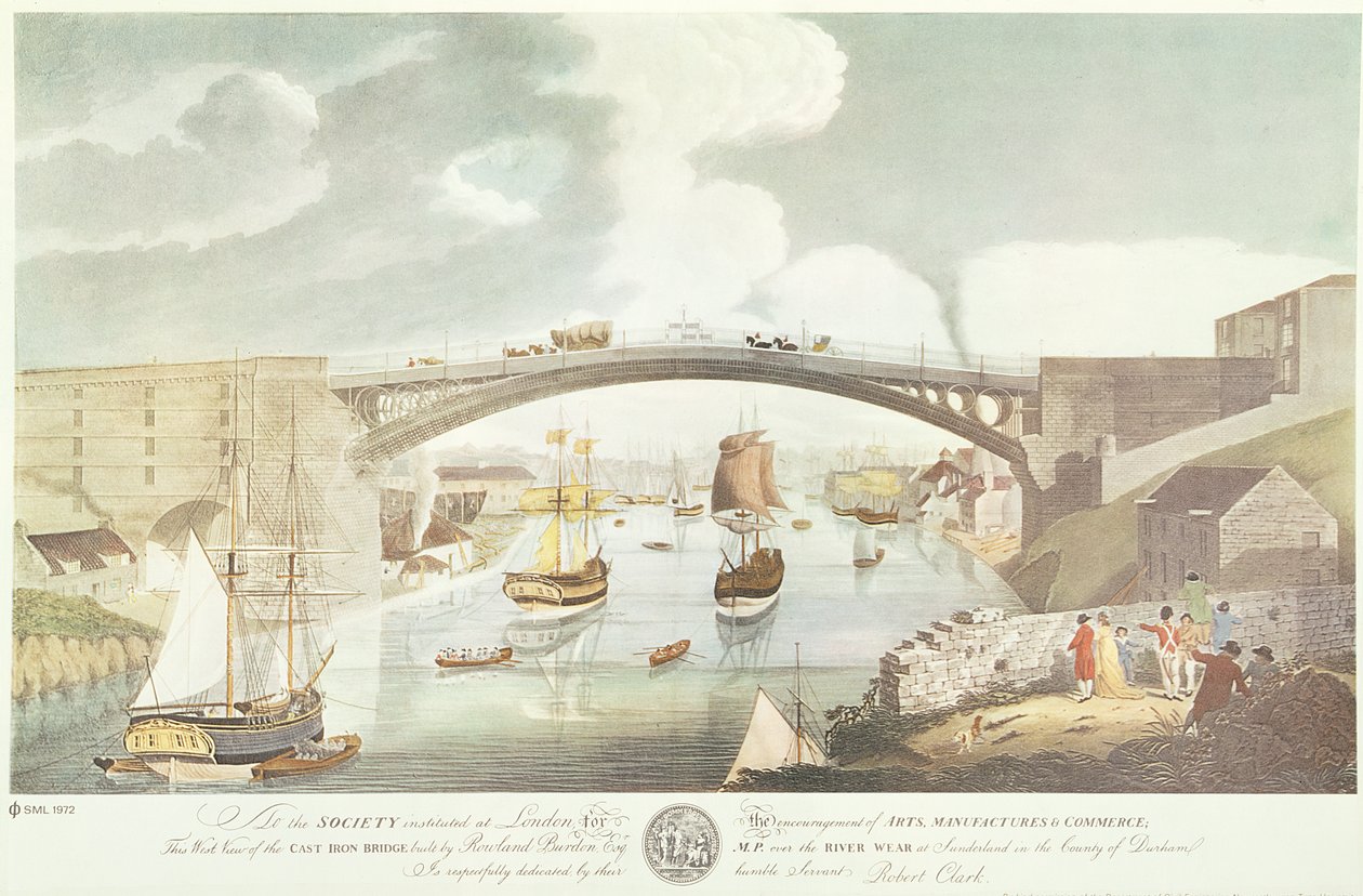 Länsinäkymä valurautasillasta, jonka on rakentanut Rowland Burdon Esq., MP, Wear-joen yli Sunderlandissa, n. 1796 (käsinvärinen kaiverrus) tekijältä English School