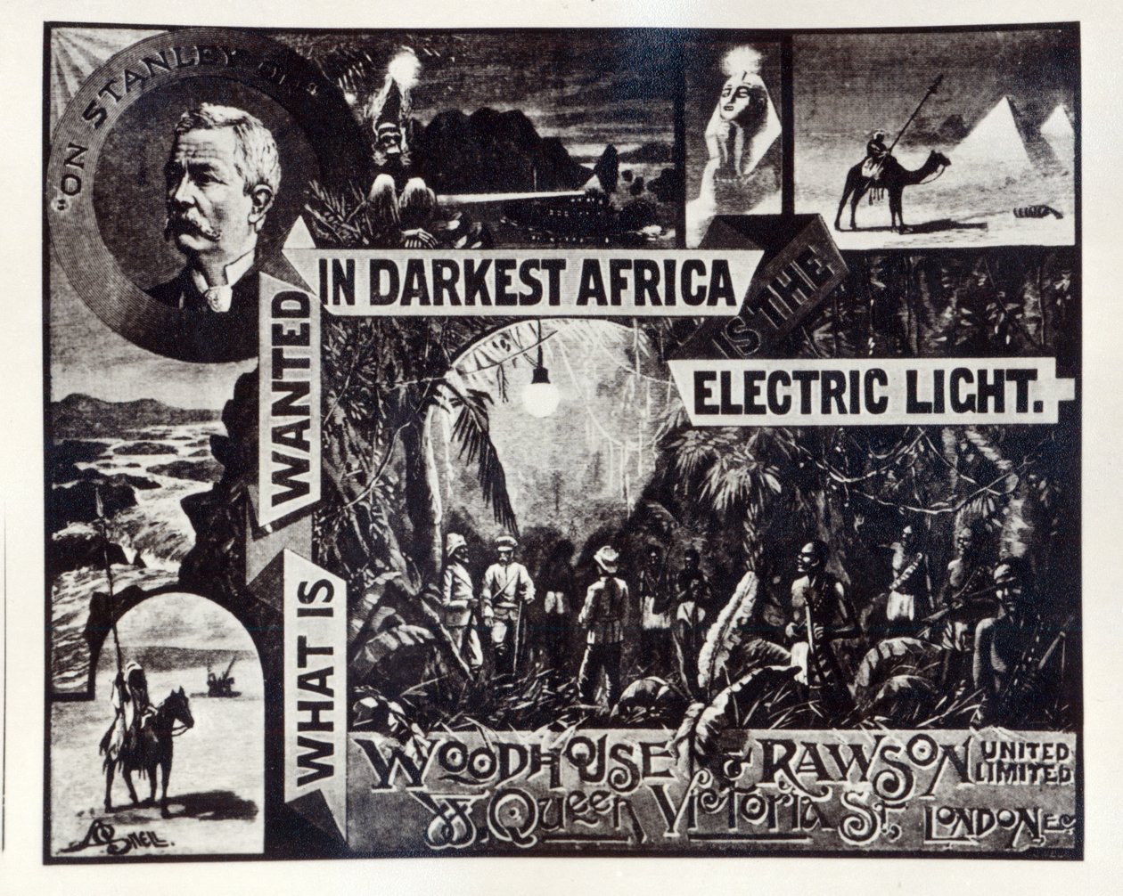 "What is Wanted in Darkest Africa is the Electric Light", Woodhouse und Rawson Ltd:n mainos tekijältä English School