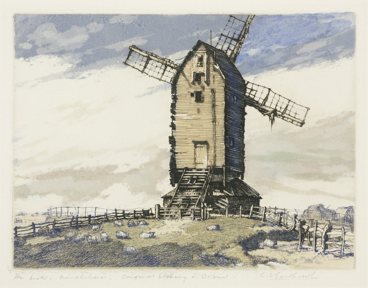 Tuulimylly, Winchelsea, East Sussex (värillinen mezzotint) tekijältä English School