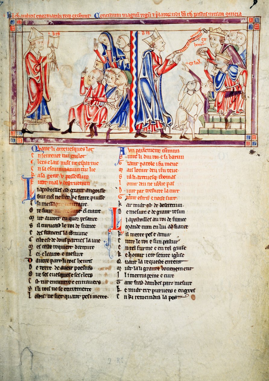 f.2 Lt. Thomas a Becket julistaa vihollisilleen erotustuomion ja väittää asiansa Englannin kuninkaan Henrik II:n ja Ranskan kuninkaan Ludvig VII:n edessä Becket Leavesistä, n. 1220-1240 tekijältä English School