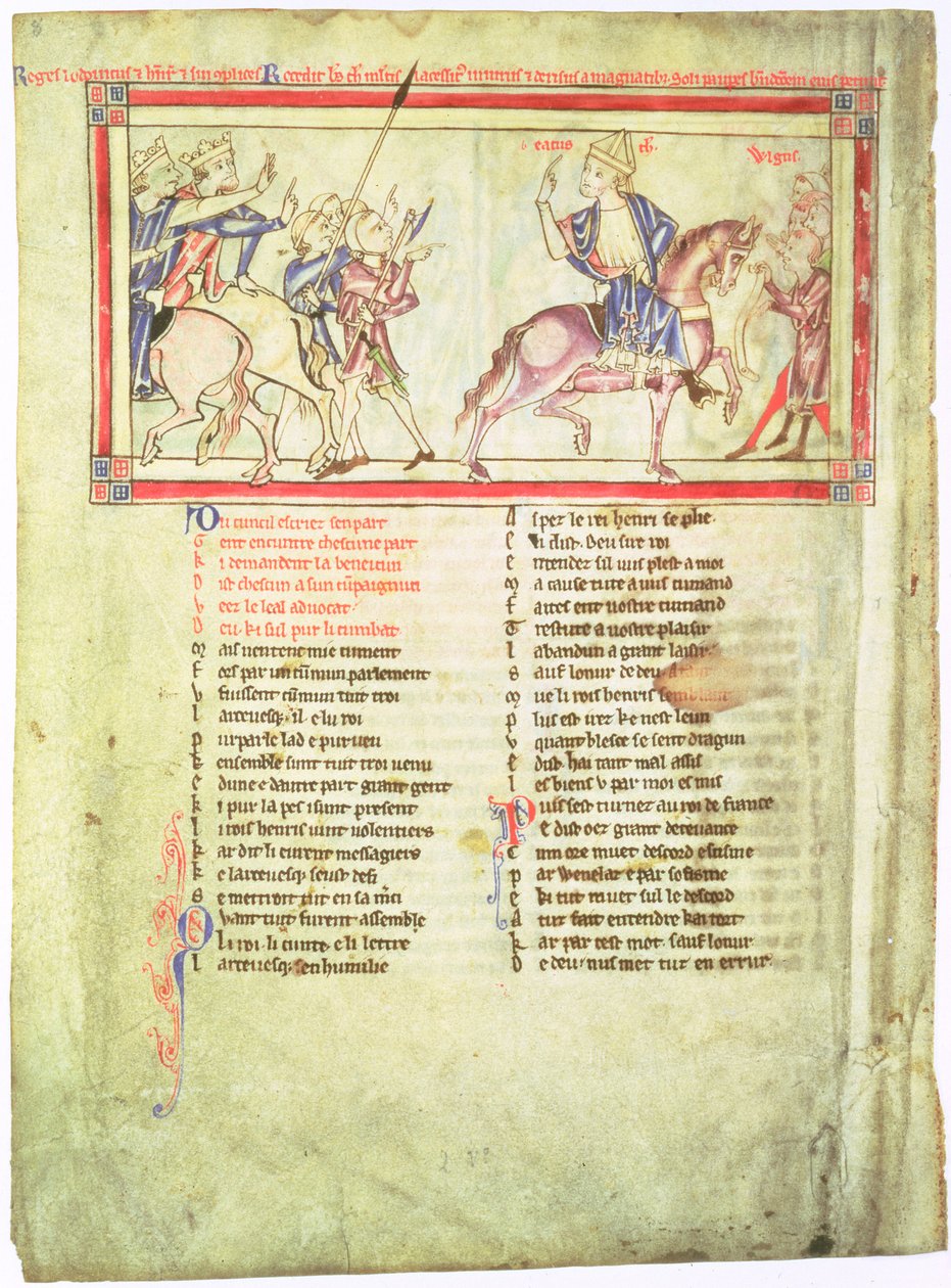 f.2v Thomas a Becket lähtee Englannin kuninkaasta Henrik II:sta ja Ranskan Ludvig VII:stä Montmirailin neuvottelujen katkettua ja liittyy tavallisiin kansoihin, Becket Leavesistä, n. 1220-40 tekijältä English School