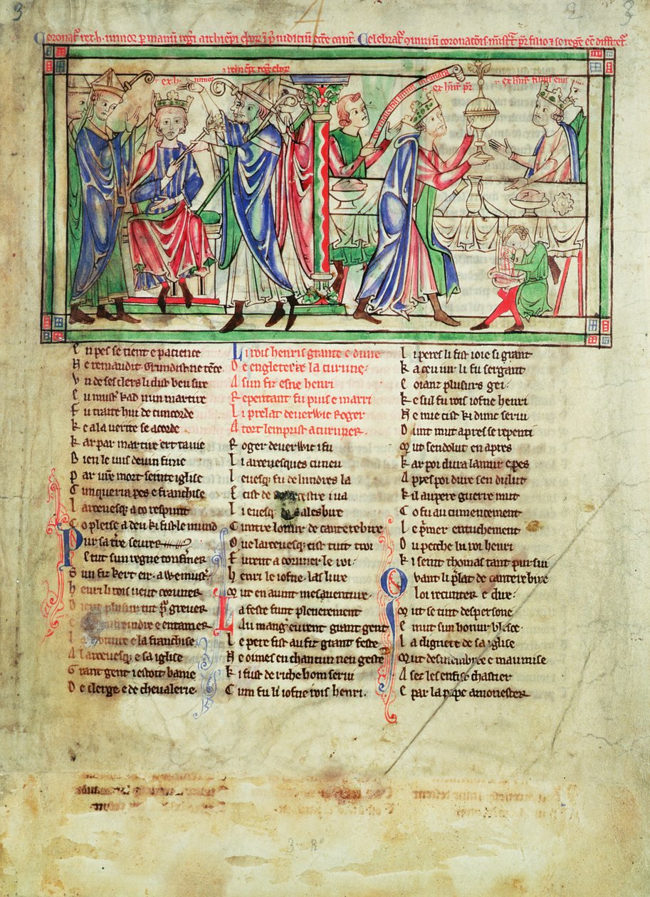 f.3 Kuningas Henrik II:n pojan, jota kutsutaan myös Henryksi, kruunaus Yorkin arkkipiispa Roger of Pont lEveque vuonna 1170 Becket Leavesistä, n. 1220-1240 tekijältä English School