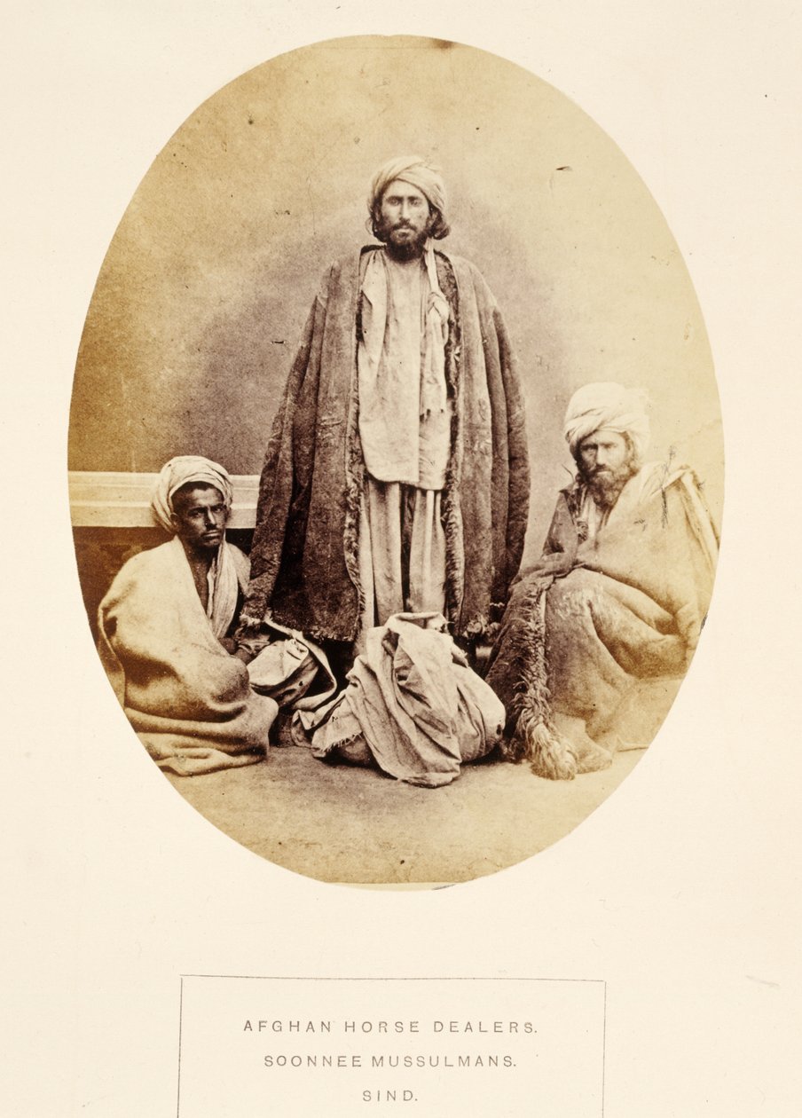 Afghan Horse Dealers, Soonnee Mussulmans, Sind, J. Forbes Watsonin teoksesta The People of India, julkaistu 1868 (albumiprintti) tekijältä English Photographer
