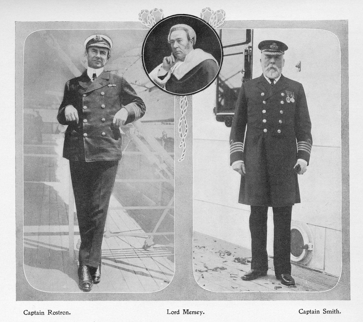 Arthur Henry Rostron, Titanicin eloonjääneitä pelastaneen RMS Carpathian kapteeni (vasemmalla), Lord Mersey, joka johti Titanicin tutkintakomission (keskellä) ja Edward John Smith, Titanicin kapteeni (vasemmalla) tekijältä English Photographer