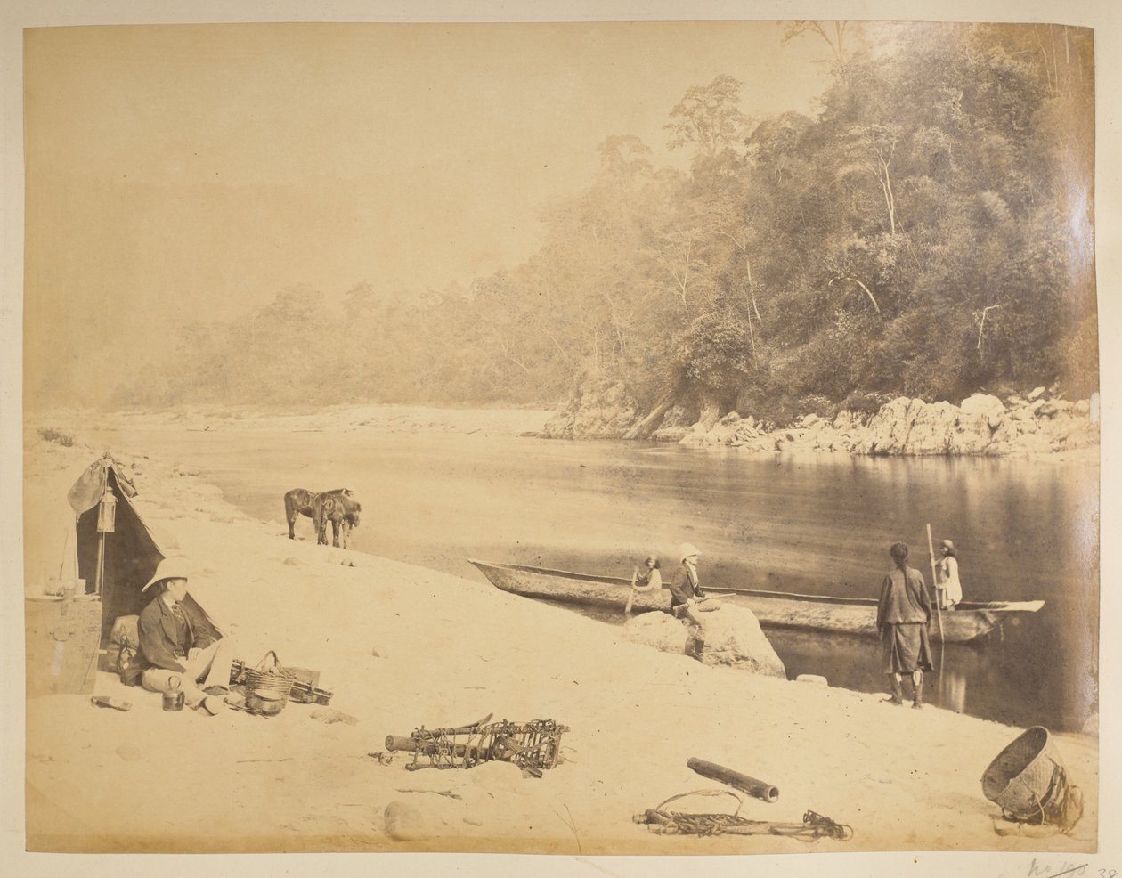 Lautta Teestalla, lähellä Bheerkotee.  Näkymät Darjeelingiin. 1870-luku tekijältä English Photographer
