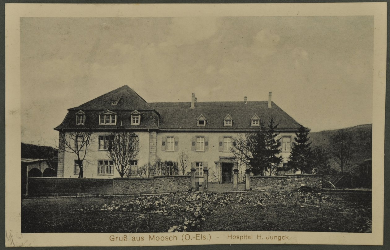 Terveisiä Mooschista (O.-Els) - sairaala H. Jungck, postikortti Vosgesista, 1915 tekijältä English Photographer