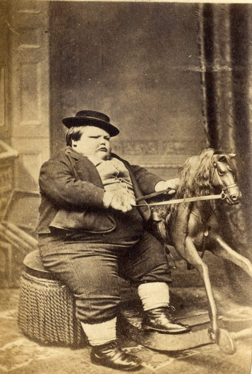 Mestari Richard Beanham keinuhevosellaan, 1870-luku (albumiprintti) tekijältä English Photographer