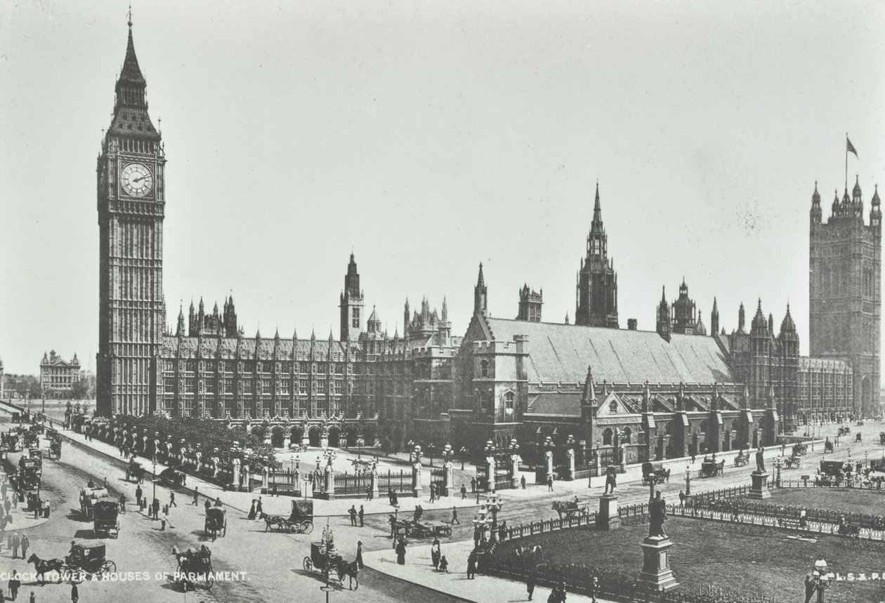 Parliament Square, Westminster LB: katso itään kohti Big Beniä ja parlamenttitaloja, 1895 tekijältä English Photographer