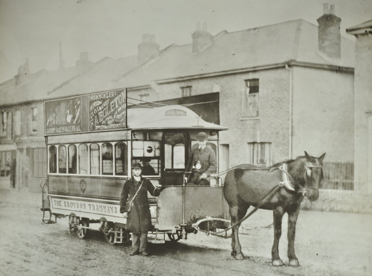 Croydon Tramways Companyn yksihevosvaunu Red Deerin päätepysäkillä, 1885 tekijältä English Photographer