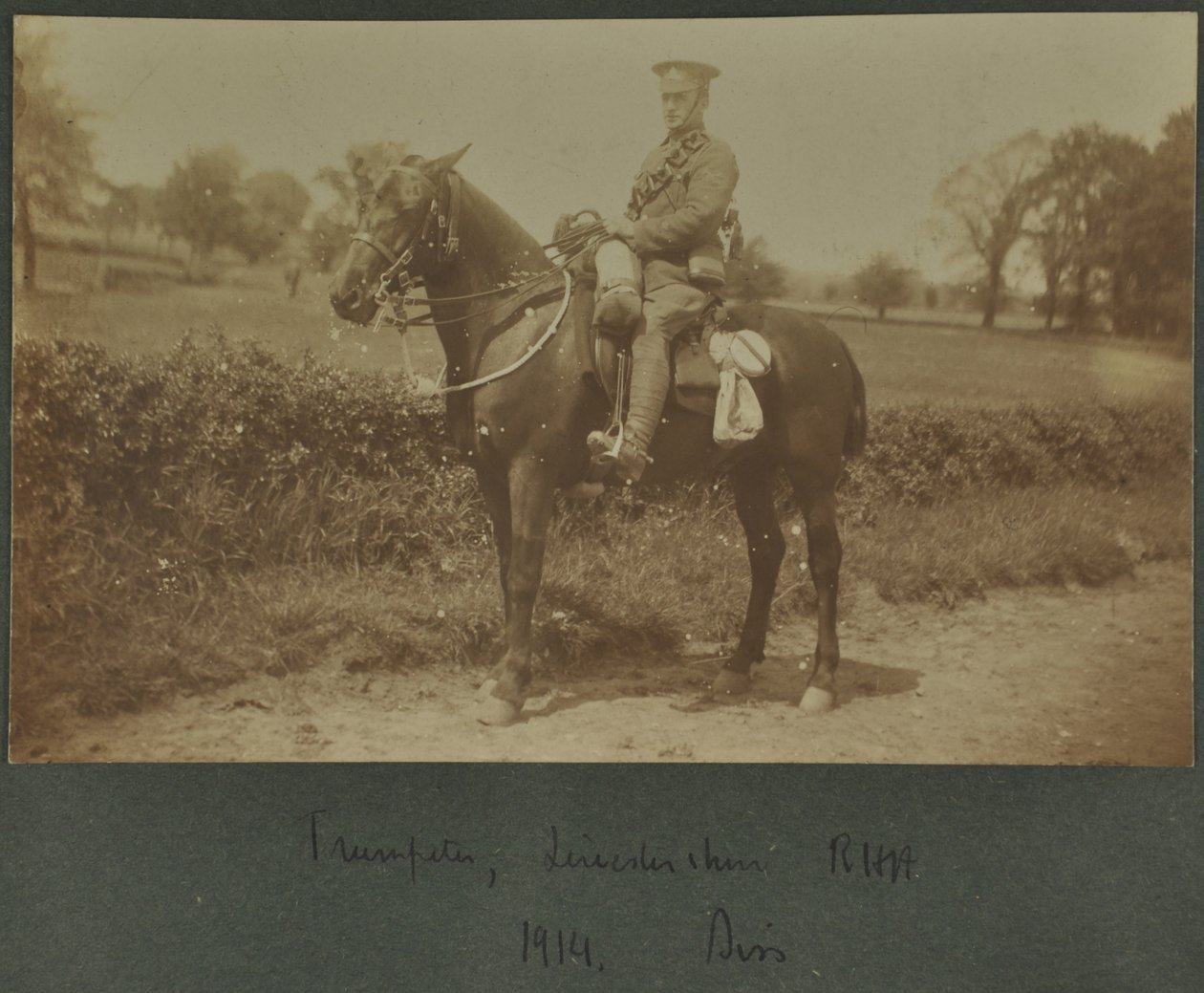 Leicestershiren Royal Horse Artilleryn trumpetisti harjoitusleirillä Dississä, 1914 tekijältä English Photographer