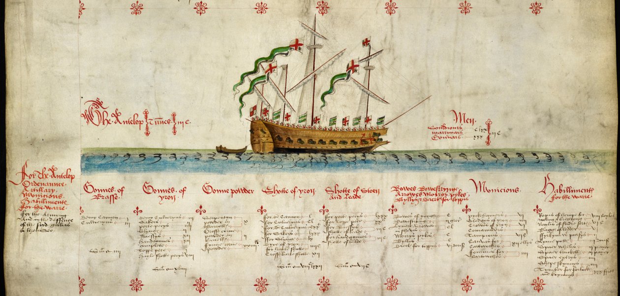 (4. laiva rullalla) "Antelope", joka laskettiin vesille vuonna 1546 "The Anthony Rollista" tekijältä English School