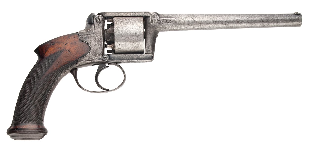 100-reikäinen Moore & Harris -patentti kuuden laukauksen itsevirittyvä lyömäsoitinrevolveri, 1853 tekijältä English School
