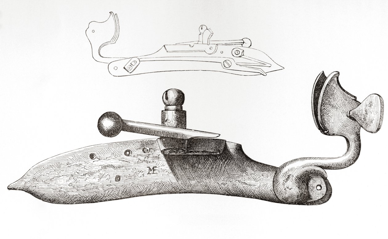 1600-luvun Matchlock. Mekanismi tai lukko, jota käytetään ampumaan kädessä pidettävästä tuliaseesta, British Army: Its Origins, Progress and Equipment, julkaistu 1868. tekijältä English School
