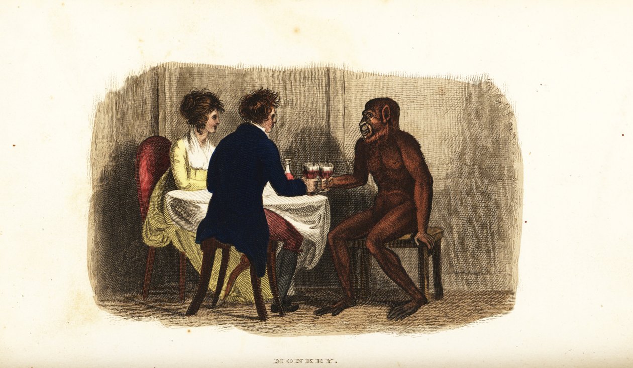 1700-luvun hollantilainen pariskunta juo viiniä borneolaisen orangutanin kanssa ruokapöydässä tekijältä English School