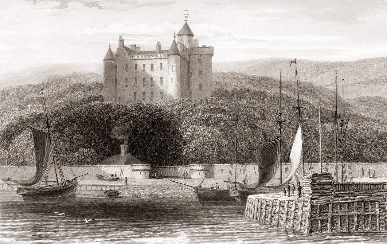 1800-luvun näkymä Dunrobinin linnalle, Sutherland, Skotlanti. Churtonin muotokuva- ja maisemagalleriasta, julkaistu 1836. tekijältä English School