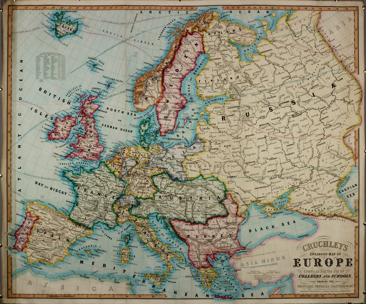 1800-luvun värillinen Euroopan kartta, joka on koottu korkeakouluissa ja kouluissa käytettäväksi. tekijältä English School