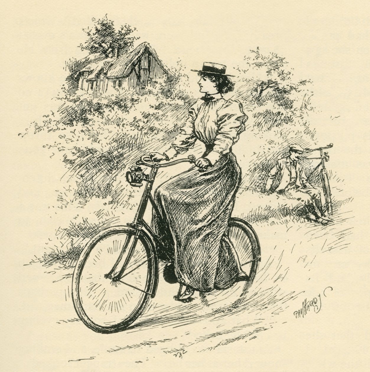 1800-luvun naispyöräilijä. Vuonna 1897 julkaistusta The Strand Magazinesta. tekijältä English School