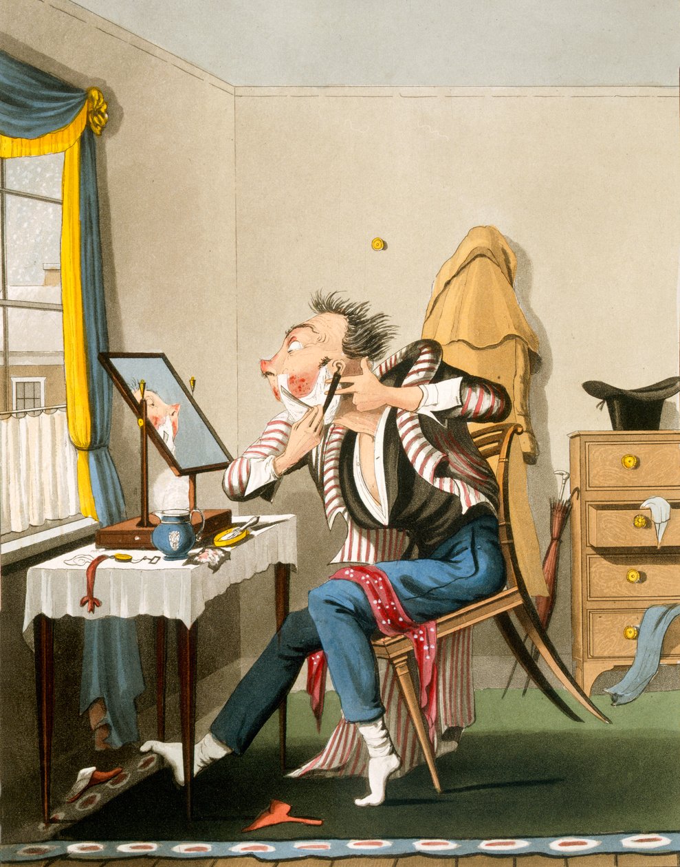 Tylsä partaveitsi, pubi. Hunt, 1827 (värillinen etsaus) tekijältä English School