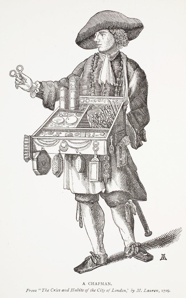 Chapman, M. Laurenin The Cries and Habits of the Lontoon Citystä, 1709, etuosan kuvitus John Ashtonin pubista Chap-books of the Eightenth Century. 1882 tekijältä English School