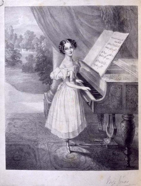 Lapsipianisti (neiti Jonas?) soittamassa John Fieldin Pastoralea, n. 1835 (kaiverrus) tekijältä English School