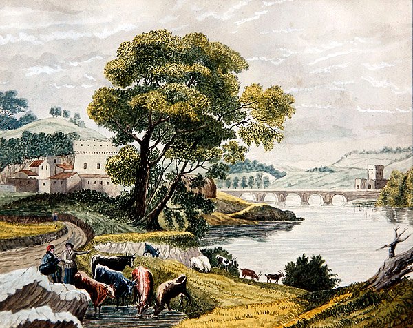 Claudialainen maisema, noin 1825 (vesiväri paperille). tekijältä English School