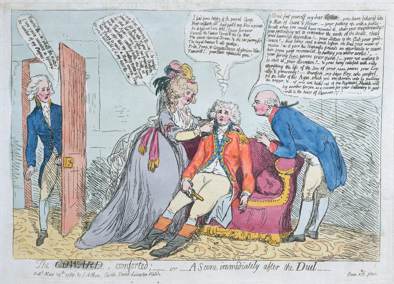 Pelkuri lohdutettu, tai kohtaus heti kaksintaistelun jälkeen, julkaissut J. Aitken vuonna 1789 (käsinvärinen etsaus) tekijältä English School
