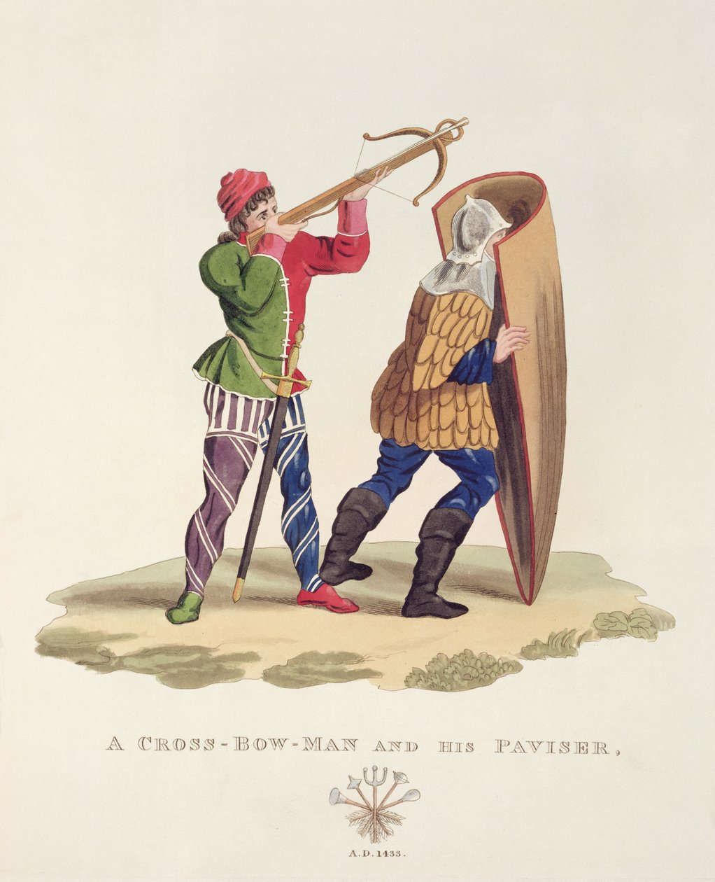 Ristijousimies ja hänen paviser, 1433, Samuel Rush Meyrickin muinaisesta haarniskasta, 1824 tekijältä English School