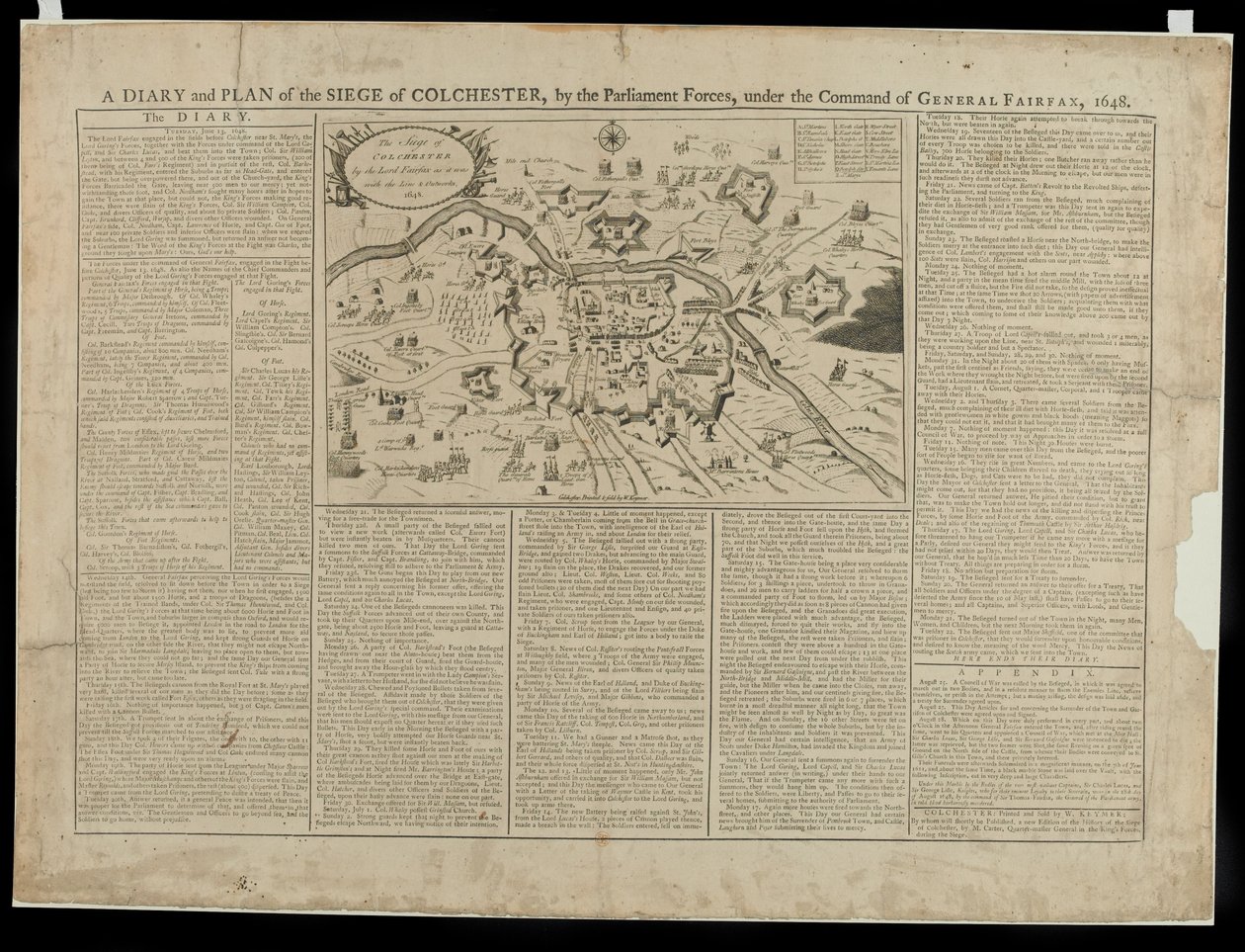 Päiväkirja ja kuvasuunnitelma Colchesterin piirityksestä 1648, painanut ja myynyt W. Keymer, 1648 tekijältä English School