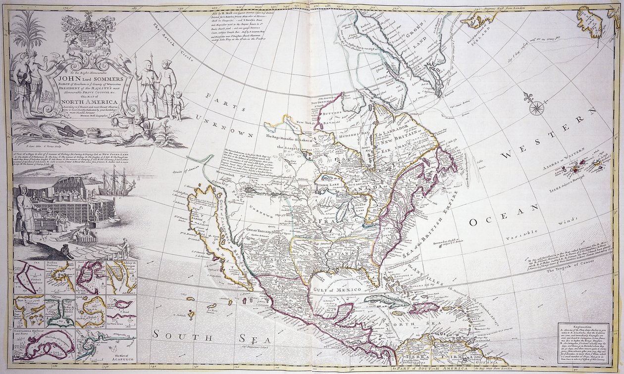 Kaksisivuinen Pohjois-Amerikan kartta, n. 1708-20 tekijältä English School