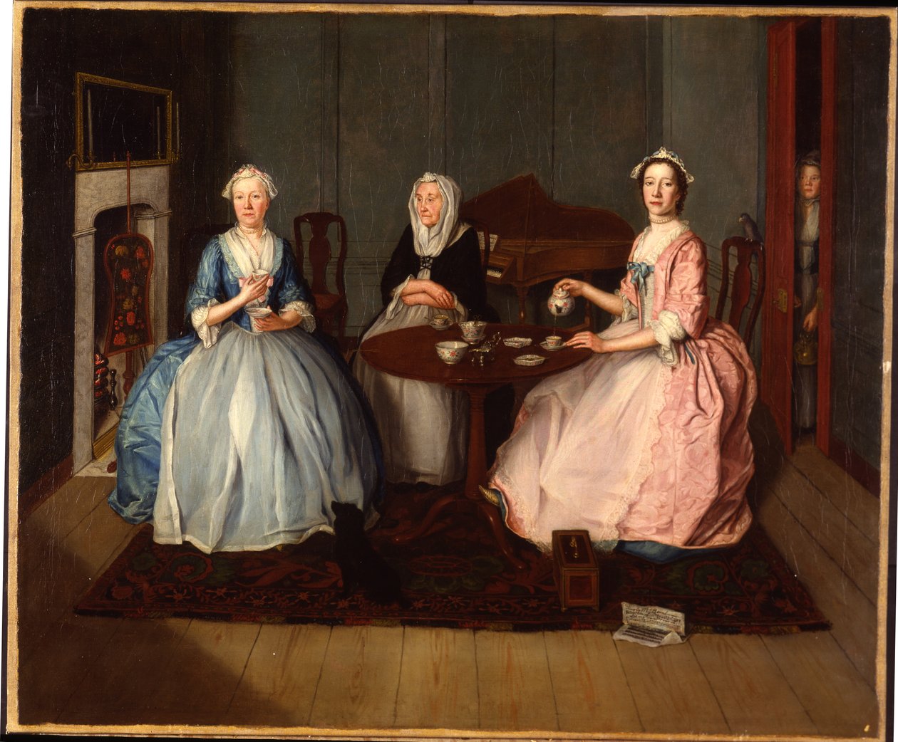 Perhe sisätiloissa juomassa teetä, n. 1740 tekijältä English School