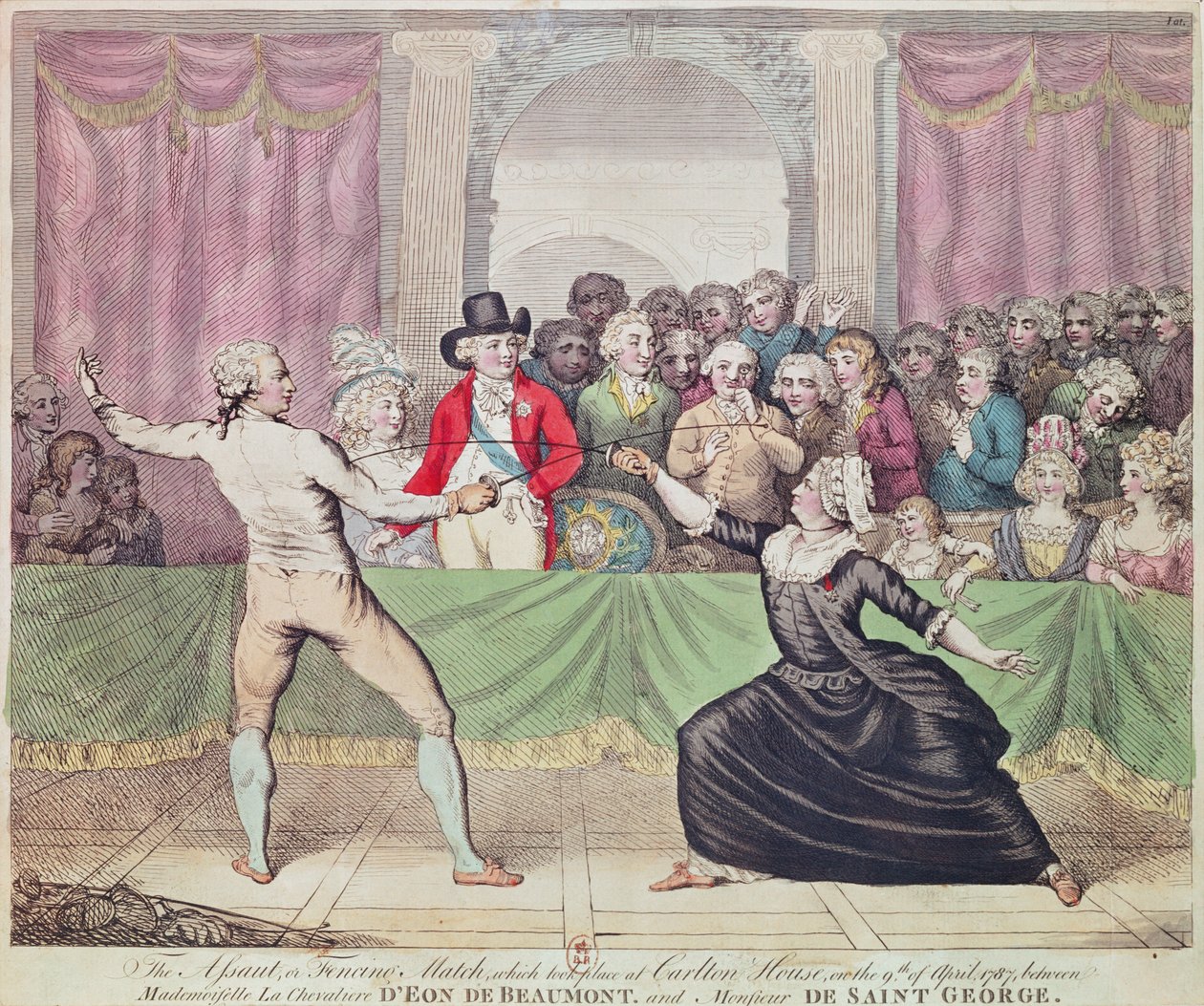 Miekkailu kaksintaistelu Carlton Housessa Prince Regentin läsnä ollessa naiseksi pukeutuneen Chevalier d"Eonin ja herra de Saint-Georgesin välillä, 1787 tekijältä English School