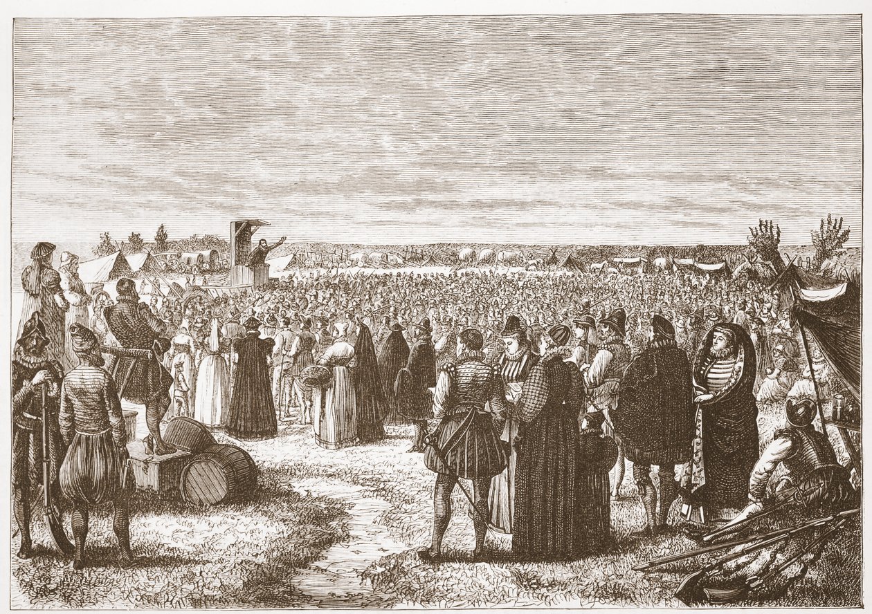 Kenttäsaarnaaminen lähellä Gentiä, esimerkki James Aitken Wylien (1808-1890) teoksesta The History of Protestantism, pub. 1878 tekijältä English School