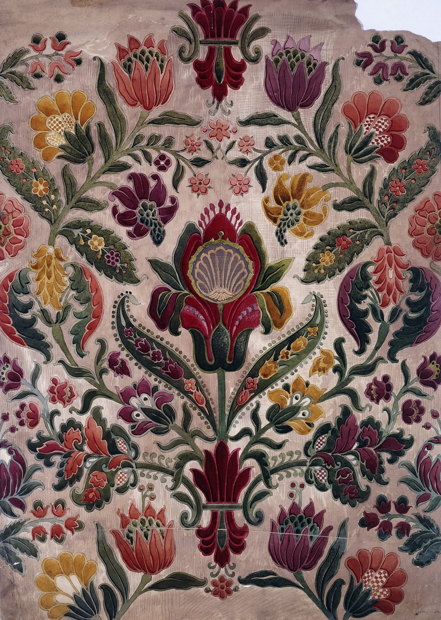 Täysvärinen sarjakuva kuvakudosta, silkkiä tai tapettia, n. 1830-40 tekijältä English School