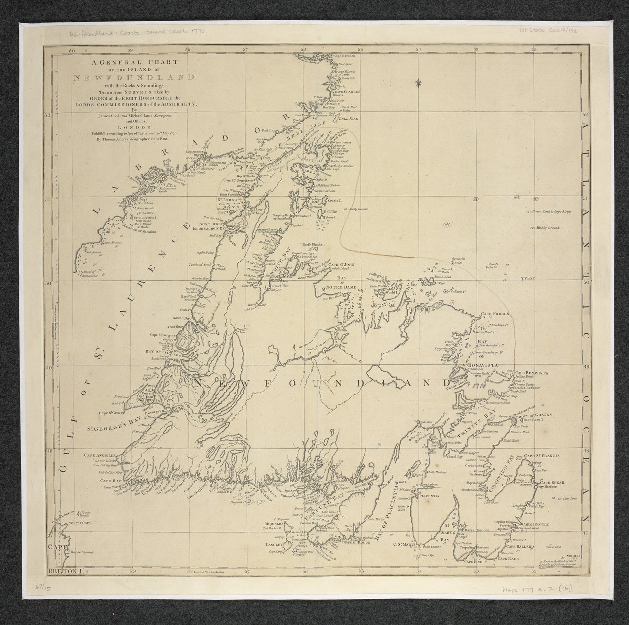 Newfoundlandin saaren yleinen kartta kivillä ja luotauksilla, piirretty tutkimuksista ... James Cook ja Michael Lane tekijältä English School