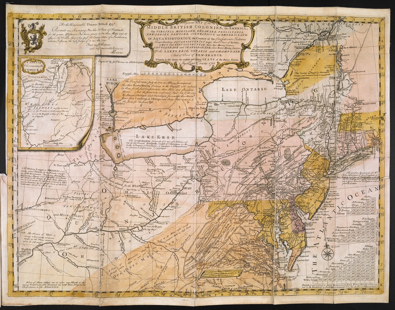 Yleinen kartta Keski-Britannian siirtomaista Amerikassa; eli Virginia, Mariland, Delaware, Pensilvania, New Jersey, New York, Connecticut ja Rhode Island: Aquanishuonîgysta, Konfederaation intiaanien maasta. . . Järvistä Erie, Ontario ja Ch tekijältä English School