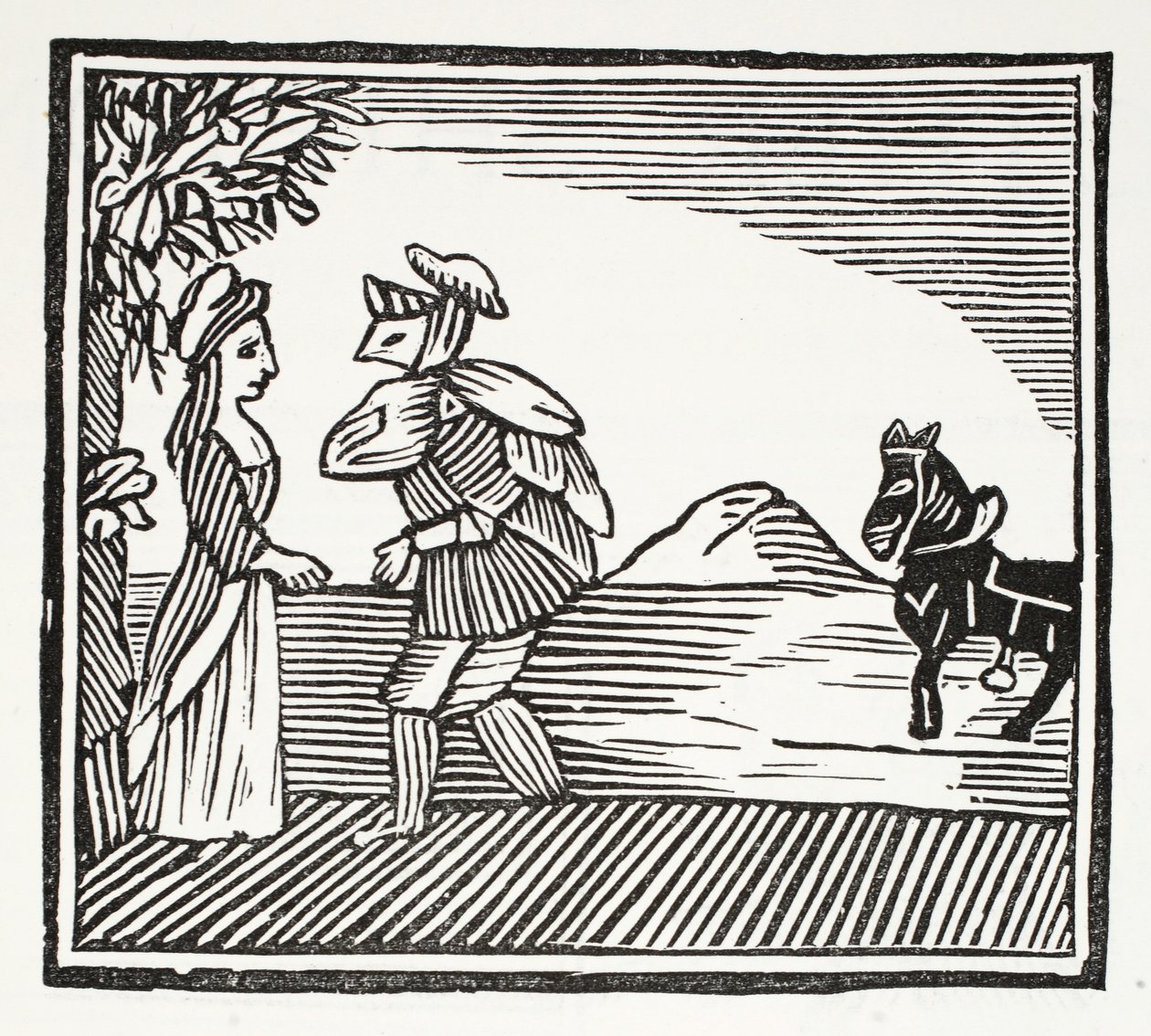 Herrasmies neuvottelemassa Mother Bunchin kanssa, kuvitus John Ashtonin kirjasta Chap-books of the Eighteenth Century, pubi. 1882 tekijältä English School