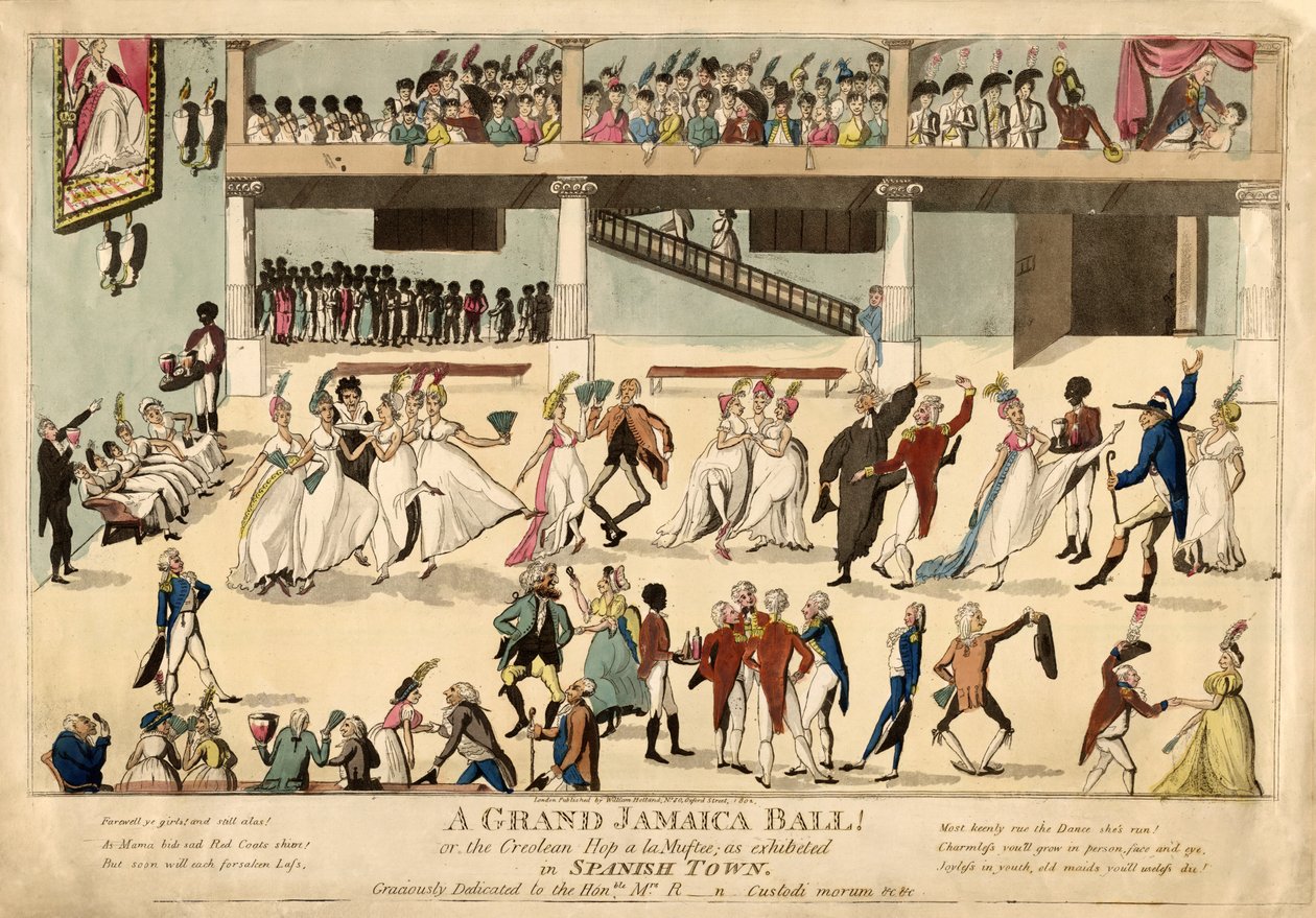 Grand Jamaika Ball tai Creole Hop a la Muftee espanjalaisessa kaupungissa, pubissa. 1802 (käsinvärinen kaiverrus) tekijältä English School