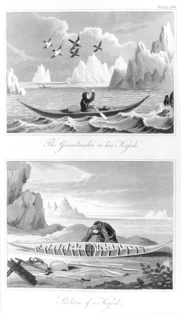 Grönlantilainen ja hänen kajakkinsa, David Crantzin Grönlannin historiasta, 1820 tekijältä English School