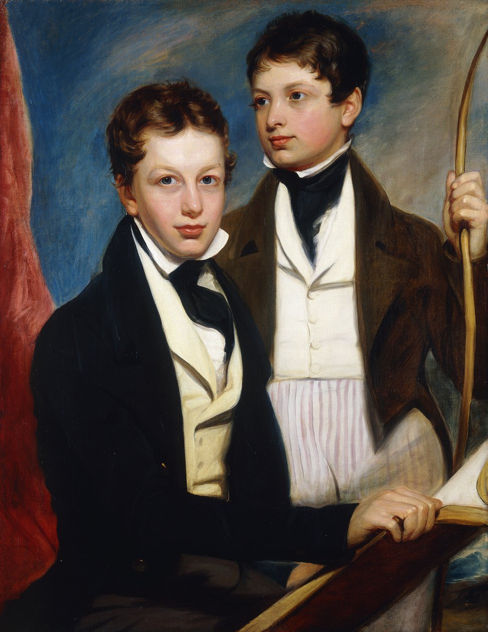 Ryhmämuotokuva Musgrave Morris Boysista, yksi istuu puolipitkänä tummassa takissa, pitelee kirjaa, toinen seisoo kolme neljäsosaa tummassa takissa, pitelee rusettia, n. 1830 tekijältä English School