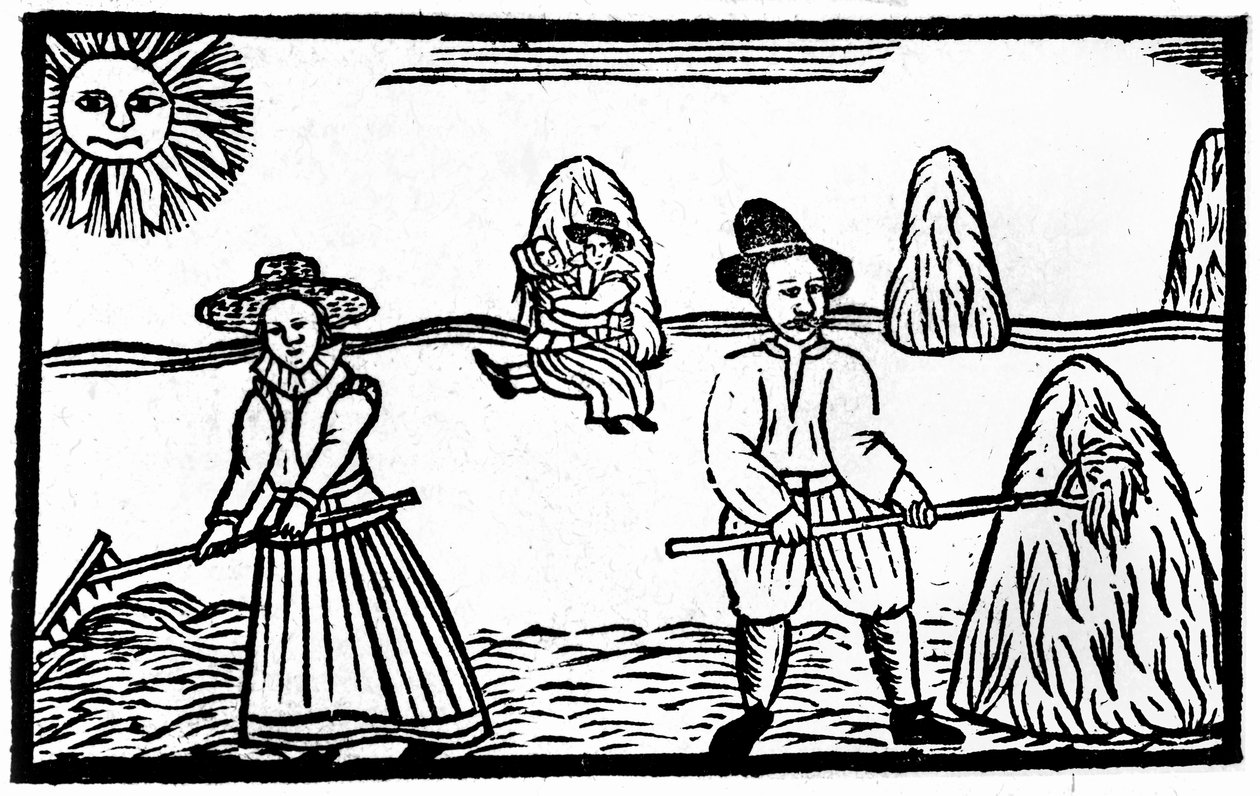 Sadonkorjuukohtaus, kuvitus teoksesta "A Book of Roxburghe Ballads" tekijältä English School