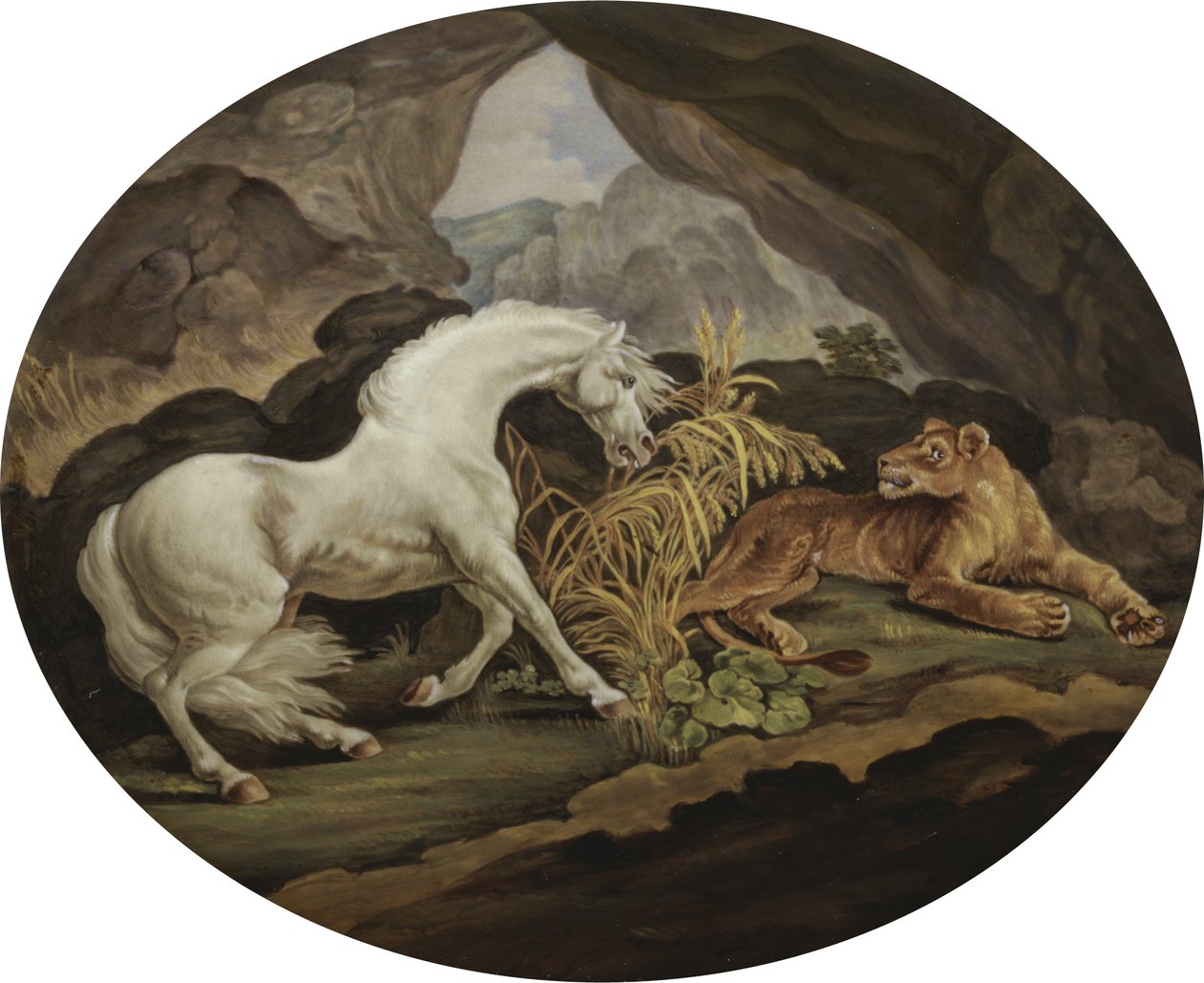 Hevonen, jota leijona pelkää George Stubbsin (1724-1806) jälkeen (emalilaatta) tekijältä English School