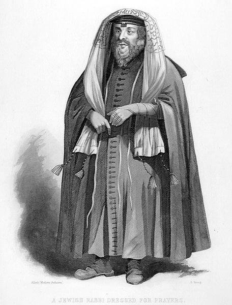 Juutalainen rabbi pukeutuu rukouksiin, kaiverrus R. Young, julkaisusta "World Religion", julkaisija A. Fullarton & Co. (kaiverrus) tekijältä English School